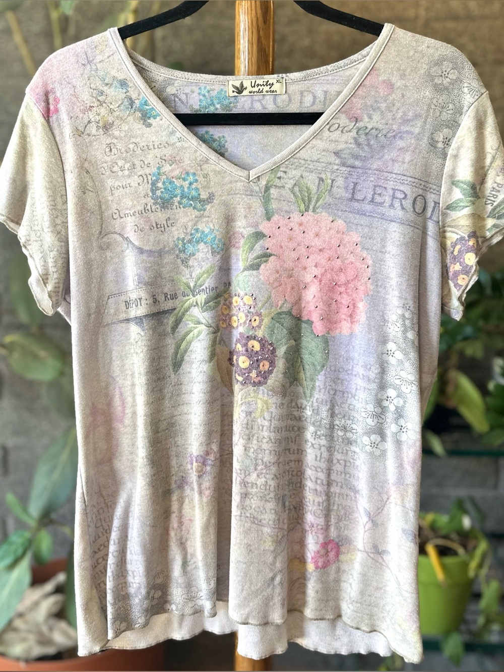 Unity World Wear Vintage Y2K Fairycore Washed V-Neck Graphic Tee Shirt